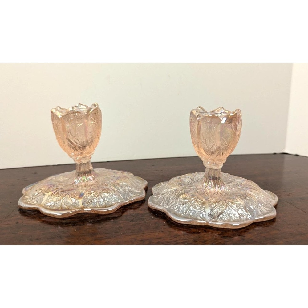 Vintage L.G. Wright Pink Iridescent Carnival Glass Tulip Candle Holders Pair